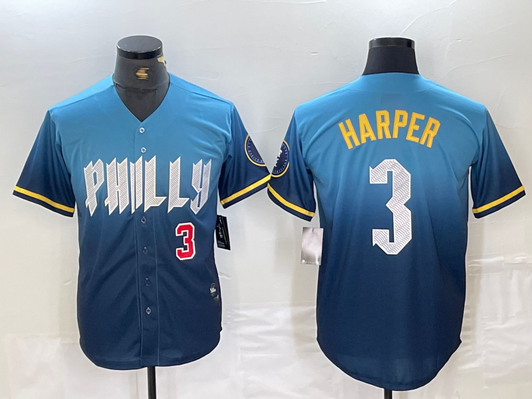 Bryce Harper #3 Philadelphia Phillies 2024 Number City Connect Limited Stit Jersey - Blue
