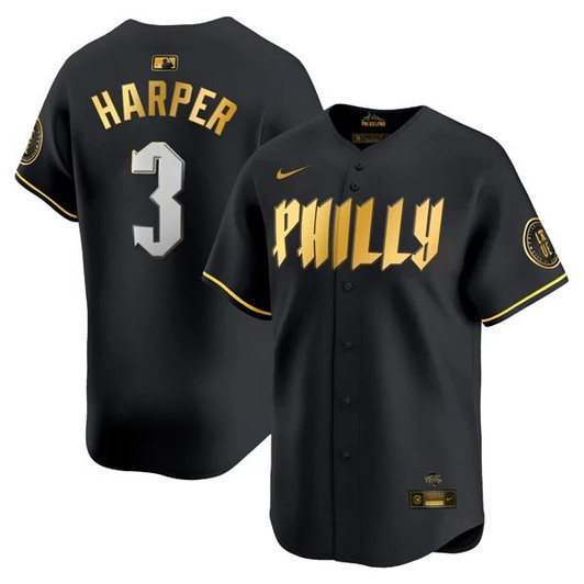 Bryce Harper #3 Philadelphia Phillies City Connect Philly Limited Jersey - Black Gold