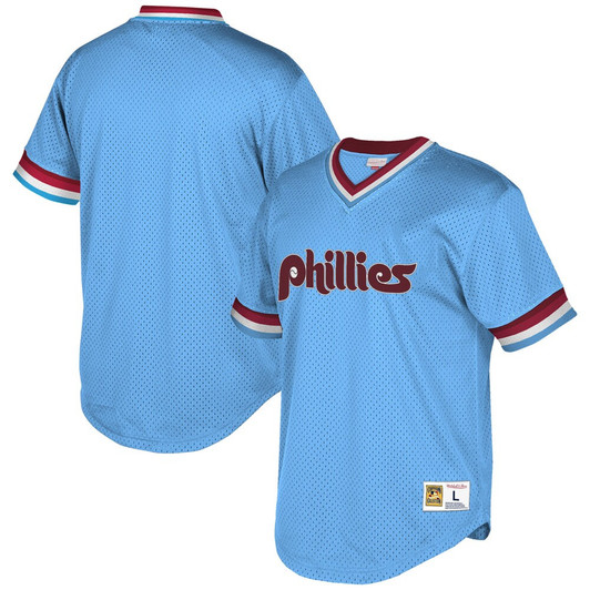 Light Blue Philadelphia Phillies Mitchell Ness Cooperstown Mesh Wordmark V Neck Limited Jersey
