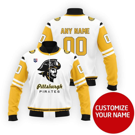 Pittsburgh Pirates #00 Personalized White Gold Jersey Style Gift With Custom Number Name For Pirates Fans Bomber Jacket