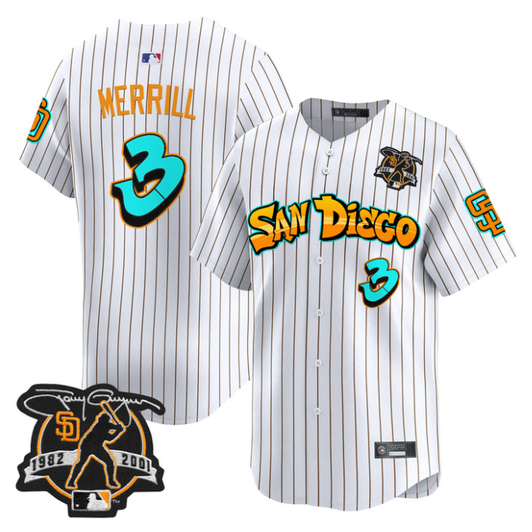 Jackson Merrill #3 San Diego Padres Graffiti Barrio Edition Stripes Limited Jersey