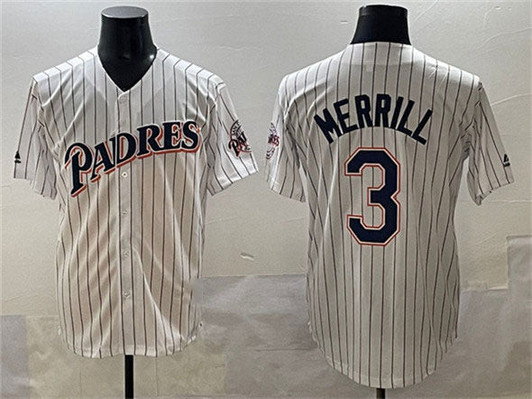 Jackson Merrill #3 San Diego Padres Throwback Patch Cool Base Stitche Limited Jersey - White
