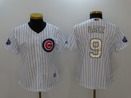 Chicago Cubs Javier Baez #9 White Stripes 2016 Cubs Championship Gold Edition Jersey