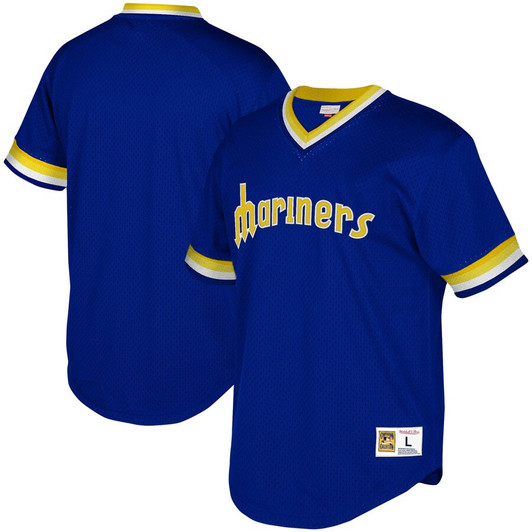 Seattle Mariners Mitchell Ness Youth Cooperstown Mesh Wordmark V Neck Limited Jersey - Royal