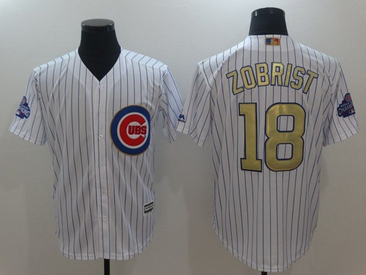 Chicago Cubs Ben Zobrist #18 White Stripes 2016 Cubs Championship Gold Edition Jersey
