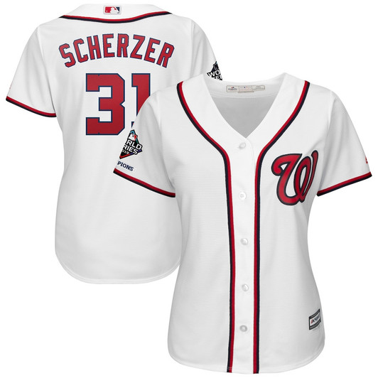 Max Scherzer #31 Washington Nationals Majestic Womens 2019 World Series Champions Home Cool Base Bar Patch Limited Player Jersey - White