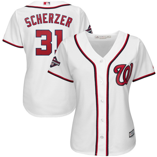 Max Scherzer #31 Washington Nationals Majestic Womens 2019 World Series Champions Home Cool Base Patch Limited Player Jersey - White