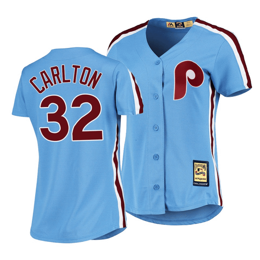 Women'S Philadelphia Phillies #32 Steve Carlton Cooperstown Collection Light Blue Road Jersey
