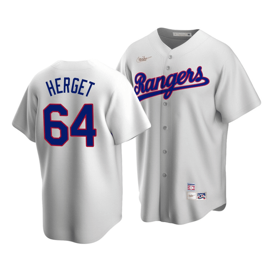 Men'S Texas Rangers Jimmy Herget #64 Cooperstown Collection White Home Jersey