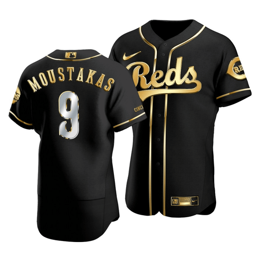 Men'S Cincinnati Reds Mike Moustakas #9 Golden Edition Black  Jersey