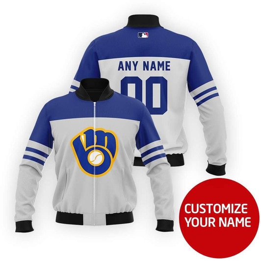 Milwaukee Brewers #00 Personalized Royal Blue Jersey Style Gift With Custom Number Name For Brewers Fans Bomber Jacket