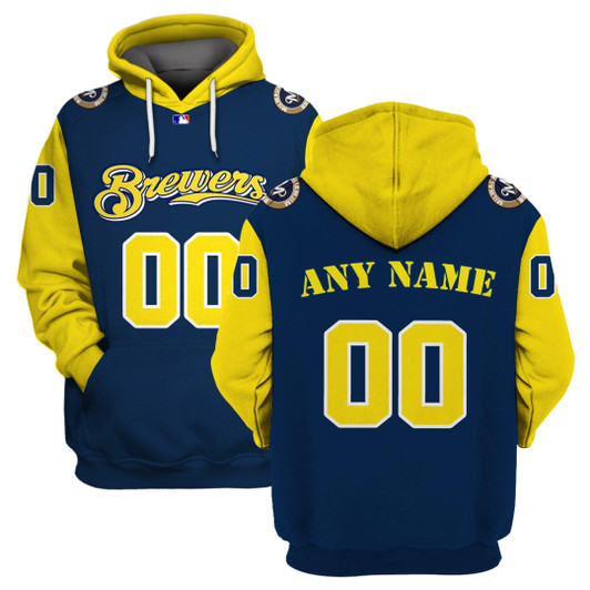 Milwaukee Brewers Mlb Baseball Team Blue And Yellow Jersey Style Personalized Number Name Gift For Brewers And Baseball Fans Hoodie - MLB