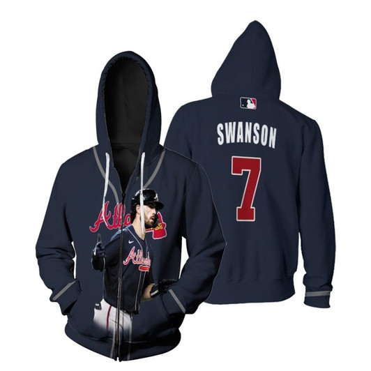 Atlanta Braves Dansby Swanson 7 Player Blue Jersey 3D Allover Designed Gift For Braves Fans Zip Hoodie