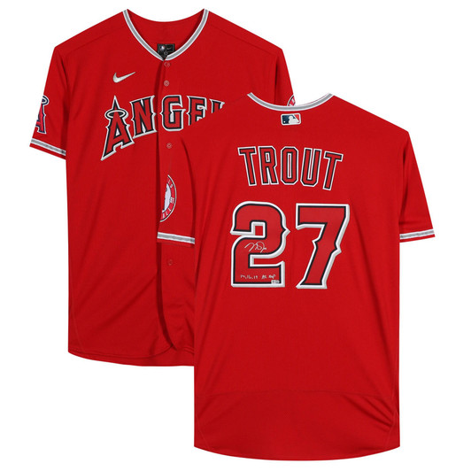 Mike Trout Los Angeles Angels Fanatics  Autographed Red Nike Replica Replica  Jersey with "14, 16, 19 AL MVP" Inscription