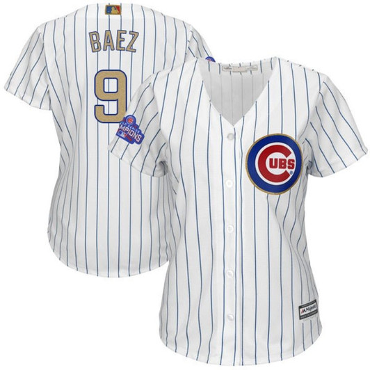 Chicago Cubs Javier Baez #9 White Stripes 2016 Cubs Championship Gold Edition Women Jersey