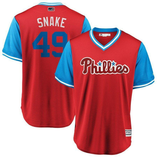 Jake Arrieta Snake Philadelphia Phillies Majestic Players Weekend Cool Base Jersey Scarlet/Light Blue 2019