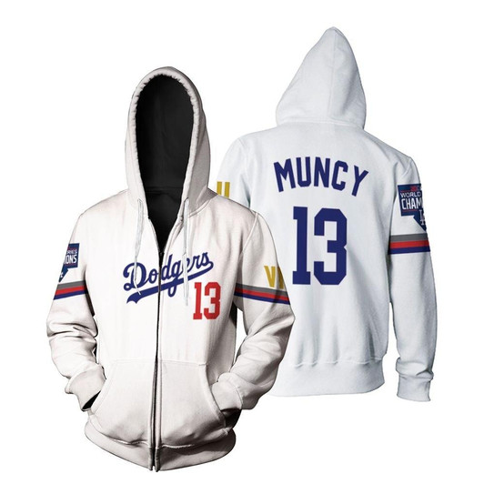 Los Angeles Dodgers Muncy 13 2020 Championship Golden Edition White Jersey Inspired Style Zip Hoodie