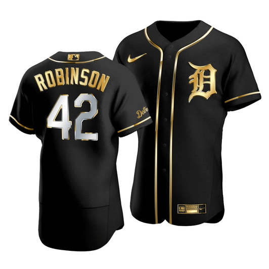 Men'S Detroit Tigers Jackie Robinson #42 Golden Edition Black  Jersey