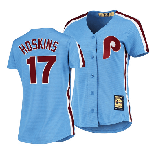 Women'S Philadelphia Phillies #17 Rhys Hoskins Cooperstown Collection Light Blue Road Jersey