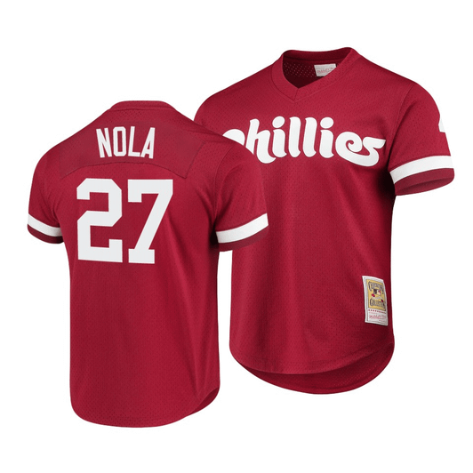 Men'S Philadelphia Phillies Aaron Nola #27 Cooperstown Collection Mesh Batting Practice Jersey Scarlet