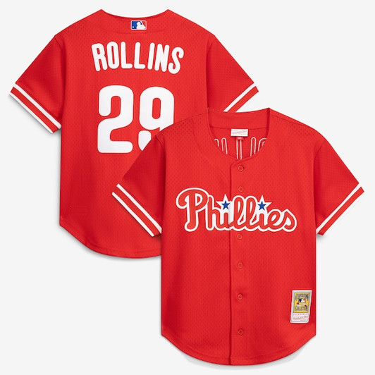 Men's Philadelphia Phillies Jimmy Rollins Mitchell & Ness Red Cooperstown Mesh Batting Practice Button-Up Jersey