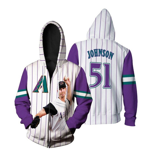 Arizona Diamondbacks Randy Johnson 51 Player Purple Jersey 3D Allover Designed Gift For Dbacks Fans Zip Hoodie - MLB