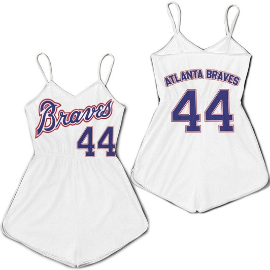 Atlanta Braves Hank Aaron 44 2020 MLB White And Blue Jersey Inspired Style Romper