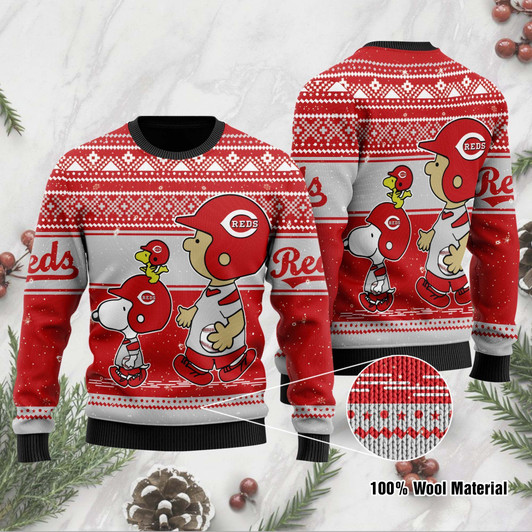 Cincinnati Reds Charlie Brown Snoopy Wear Football Jersey Ugly Christmas Sweater Sweatshirt Holiday Party 2021 Plus Size For Men Women On Xmas Party