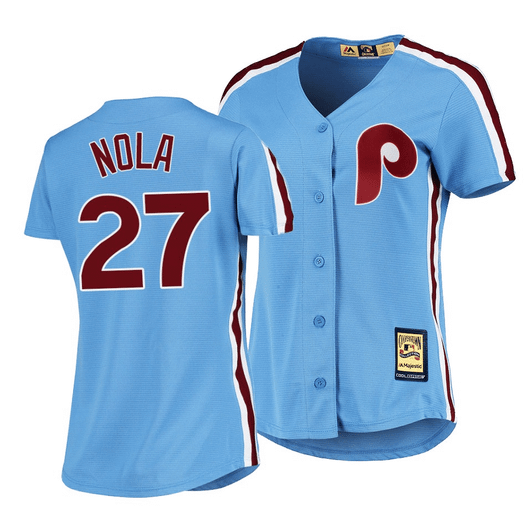 Women'S Philadelphia Phillies #27 Aaron Nola Cooperstown Collection Light Blue Road Jersey