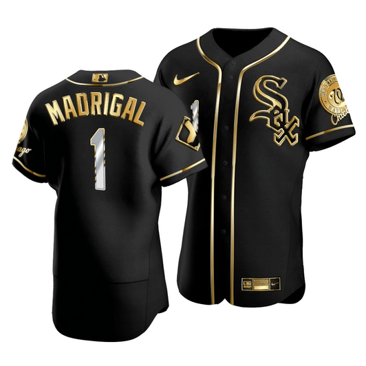 Men'S Chicago White Sox Nick Madrigal #1 Golden Edition Black  Jersey