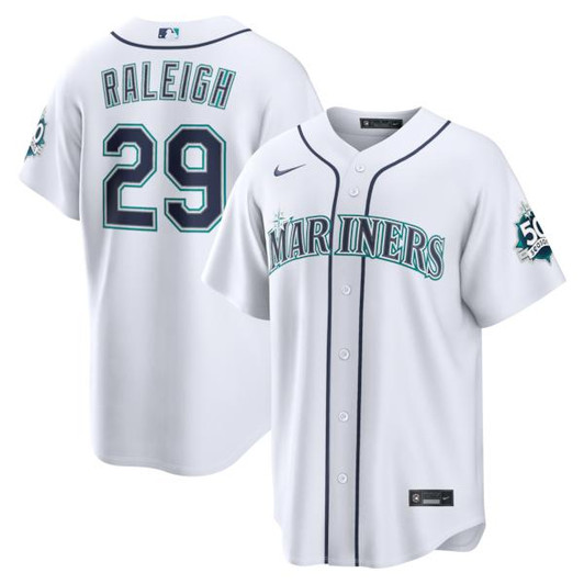Men's Seattle Mariners Cal Raleigh Nike White Home Stadium 50th Season Patch Jersey