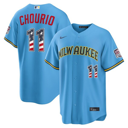 Men's Milwaukee Brewers Jackson Chourio Nike Light Blue USA 250 Fourth of July Road Stadium Jersey