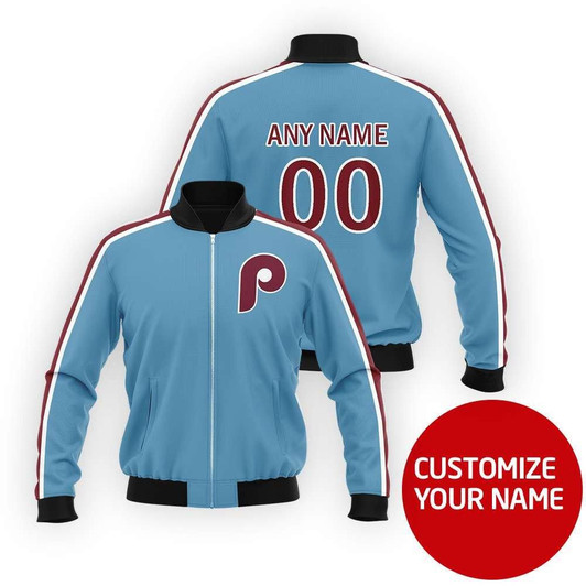Philadelphia Phillies #00 Personalized Blue Jersey Style Gift With Custom Number Name For Phillies Fans Bomber Jacket