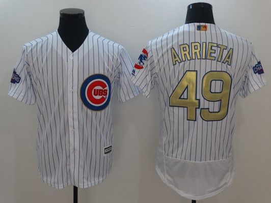 Chicago Cubs Jake Arrieta #49 White Stripes 2016 Cubs Championship Gold Edition Jersey