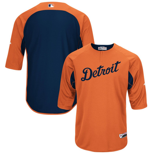 MenS Majestic Orange/Navy Detroit Tigers  Collection On-Field 3/4-Sleeve Batting Practice Jersey