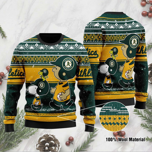 Oakland Athletics Charlie Brown Snoopy Wear Football Jersey Ugly Christmas Sweater Sweatshirt Holiday Party 2021 Plus Size For Men Women On Xmas Party