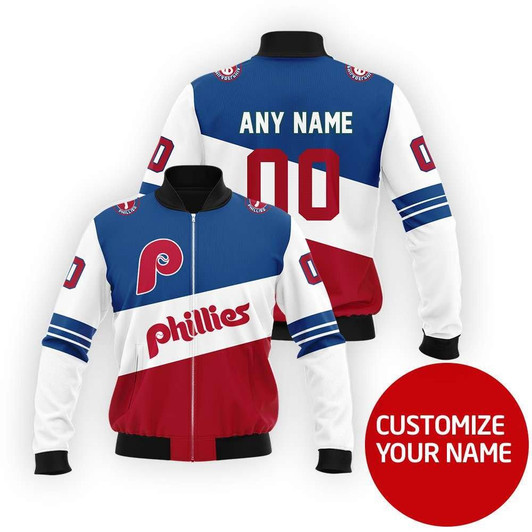 Philadelphia Phillies #00 Personalized White Red Blue Jersey Style Gift With Custom Number Name For Phillies Fans Bomber Jacket
