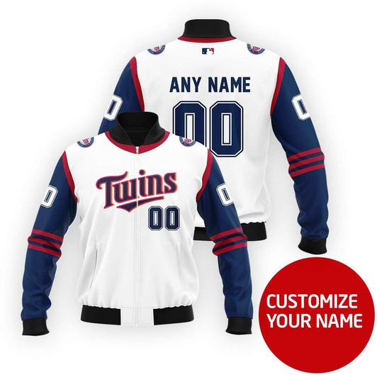 Minnesota Twins Mlb Baseball Team Personalized Number Name White Jersey Style Gift For Twins And Baseball Fans Bomber Jacket