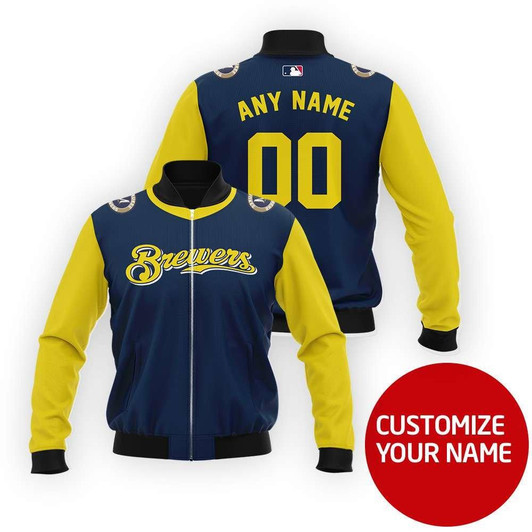 Milwaukee Brewers #00 Personalized Navy Blue Jersey Style Gift With Custom Number Name For Brewers Fans Bomber Jacket