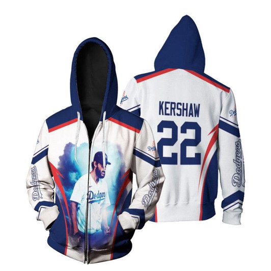 Los Angeles Dodgers Clayton Kershaw 22 MLB Team White Jersey Style Gift For Dodgers Fans Kershaw Fans Zip Hoodie - MLB