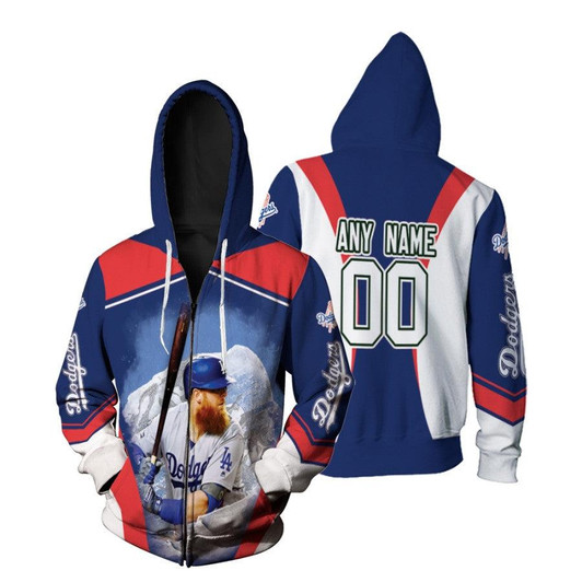 Los Angeles Dodgers Justin Turner 00 MLB Team Blue Jersey Style Gift With Custom Number Name For Dodgers Fans Zip Hoodie - MLB
