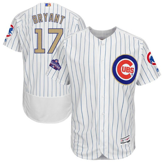 Chicago Cubs Kris Bryant #17 White Stripes 2016 Cubs Championship Gold Edition Jersey