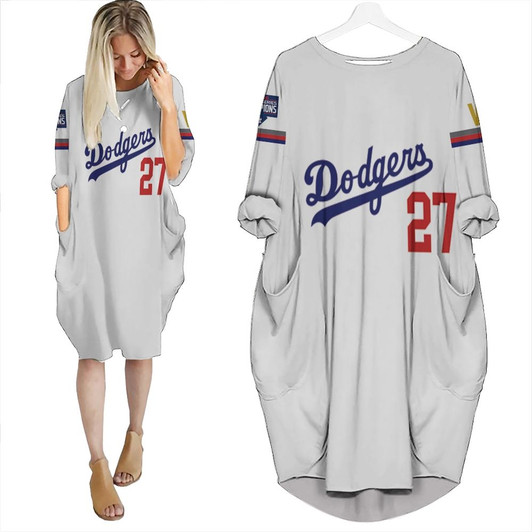 Los Angeles Dodgers Bauer 27 2020 Championship Golden Edition White Jersey Inspired Style Batwing Pocket Dress
