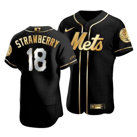 Men'S New York Mets Darryl Strawberry #18 Golden Edition Black  Jersey