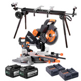 Evolution R255SMS-DB-Li 36V EXT Double Bevel Mitre Saw with Stand & 2x 5.0Ah Batteries