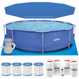 Dellonda DL138  Steel Frame Round Swimming Pool & Filter Pump with Cover, Ground Sheet, Test Strips, Starter Kit & Filters 12ft - Blue