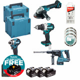 Makita DLX4195JX1 18V Cordless 4 Piece Kit with 3× 5.0Ah Batteries, Charger, 2× Makpac Case, Bit Set & Diamond Wheel