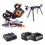 Evolution R185SMS-LI 18V EXT 185mm Cordless Sliding Mitre Saw with 2x 5.0Ah Batteries, Stand & Fast Charger