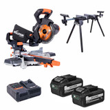Evolution R185SMS-LI 18V EXT 185mm Cordless Sliding Mitre Saw with 2x 8.0Ah Batteries, Stand & Fast Charger