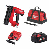 Milwaukee M18FN18GS-501B 18V Fuel Straight Second Fix Nail Gun with 1x 5.0Ah Battery, Rapid Charger & Contractor Tool Bag